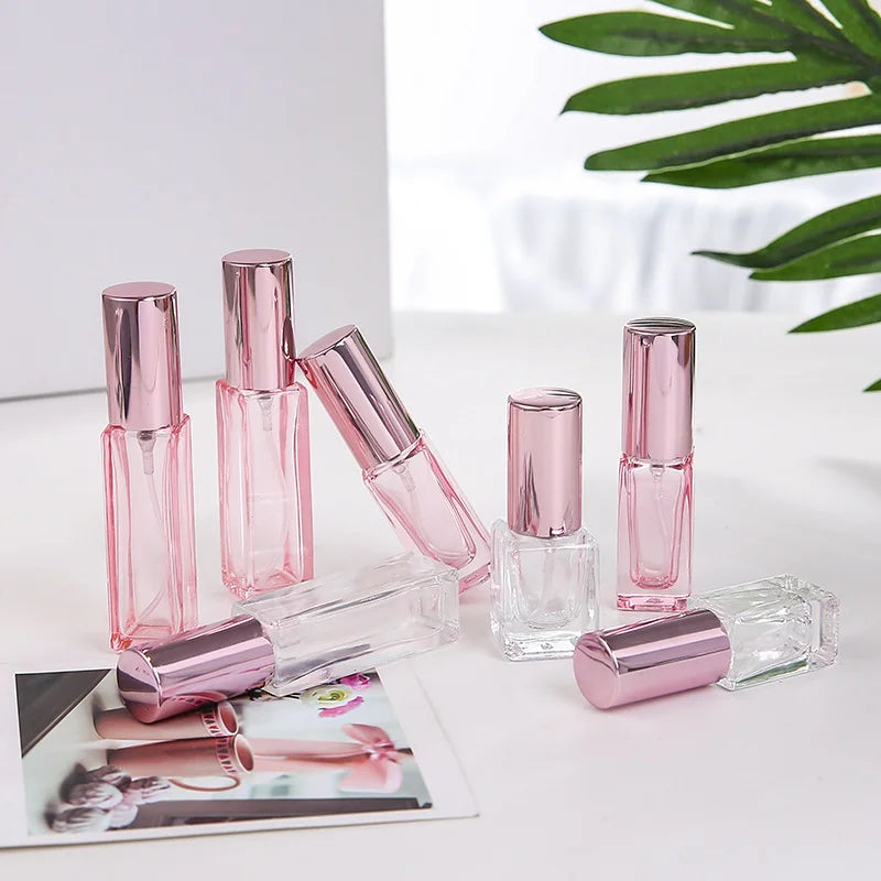Rose Gold Top Travel Portable Rectangular 5ml 10ml Empty Refill Glass Perfume Bottles pink