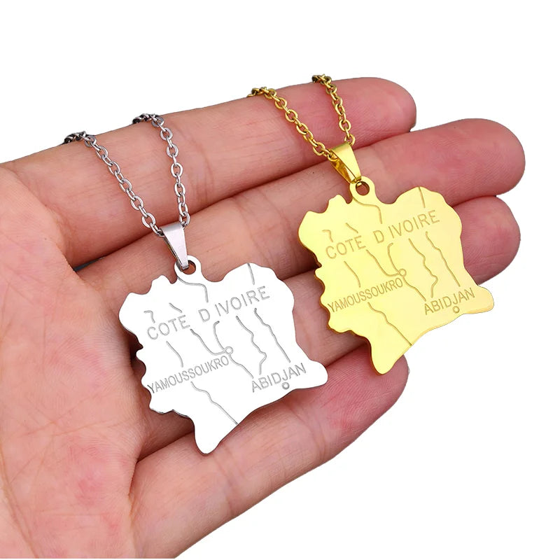 Men's New Ivory Coast Map Necklace Geometric Stainless Steel Pendant with Gold Plating Fashion Jewelry Statement Necklace Gift