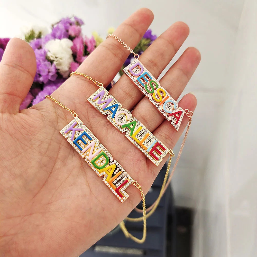 Lateefah Custom Name Letter Enamel Jewelry Rainbow Nameplate Zircon Pendant Stainless Steel Necklaces for Women