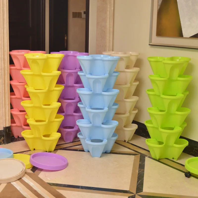 3 Petal Tower 5 Tiered Stackable Plastic Contemporary Home Strawberry Herb Garden Vertical Butterfly Flower Pot Movable Caster