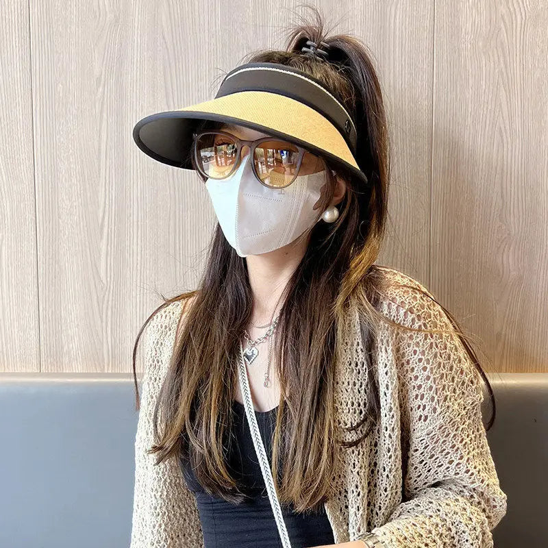 Summer Wide Brim Air Sun Hats Women Foldable Straw Weaving Top Empty Hat Anti-UV Travel Visor Cap Ladies Portable Baseball Cap