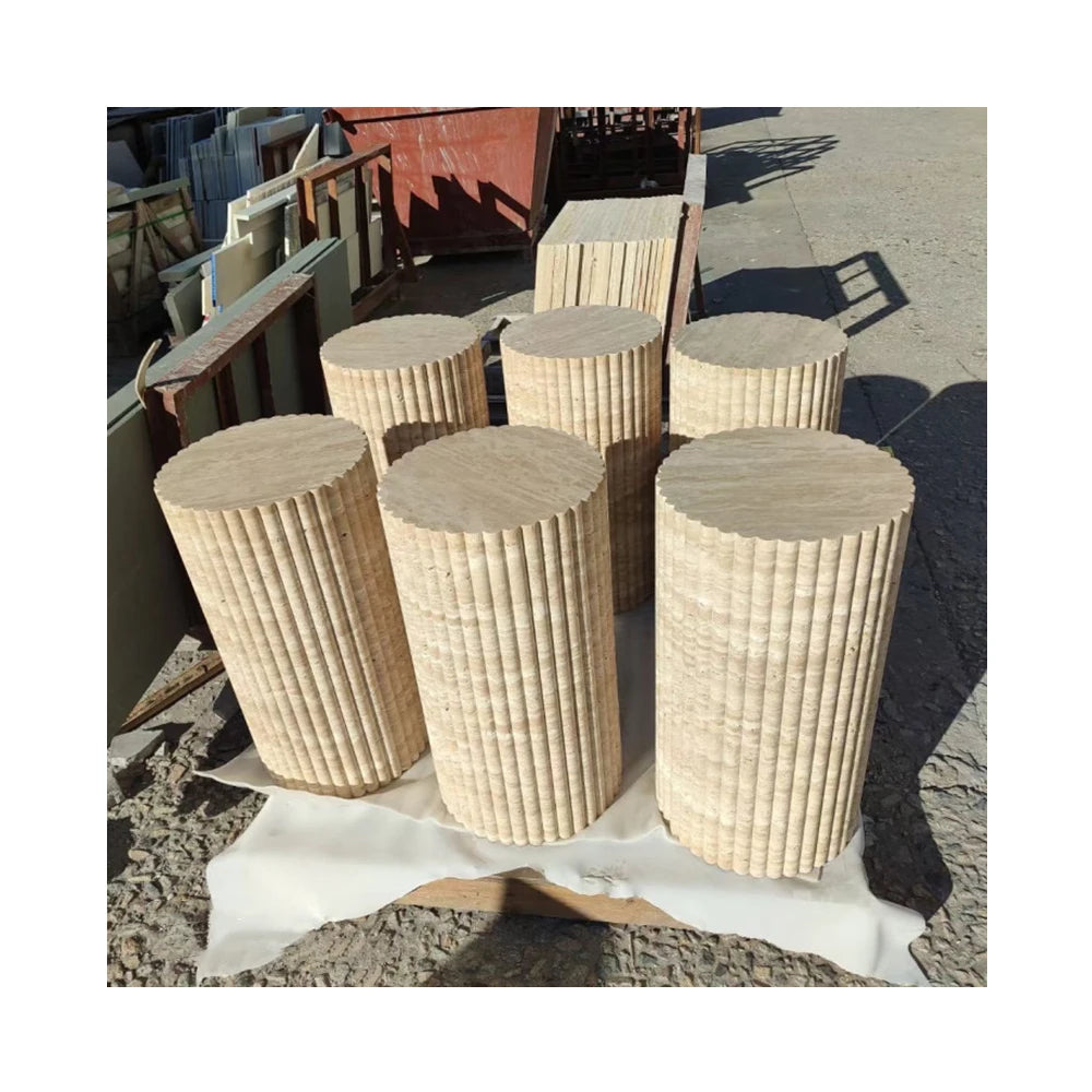 NANWEI Classic Fluted Beige Travertine Round Plinth Drum Side Table