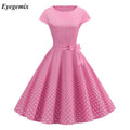 Elegant Polka Dot Summer Dresses Womens Short Sleeve O-Neck Vintage Pinup Rockabilly Knee-Length Party Dress Casual