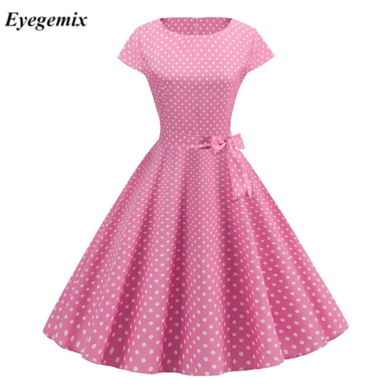 Elegant Polka Dot Summer Dresses Womens Short Sleeve O-Neck Vintage Pinup Rockabilly Knee-Length Party Dress Casual