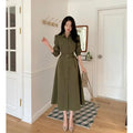 Formal Dress Green Puff Sleeve Single Breasted Belt A-Line Long Midi Dress Autumn Winter Fashion Casual Dress