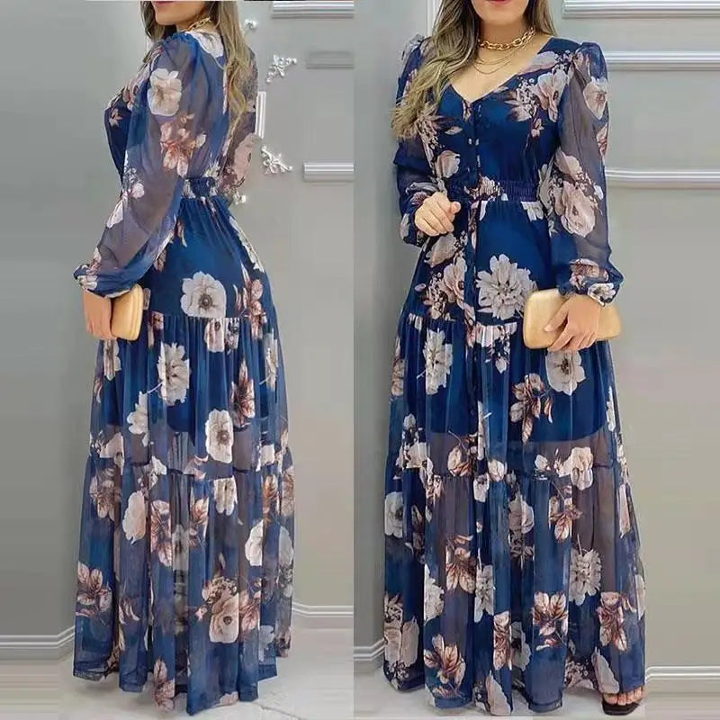 New Spring and Autumn Long Sleeved Printed V-neck Chiffon Dress for Women