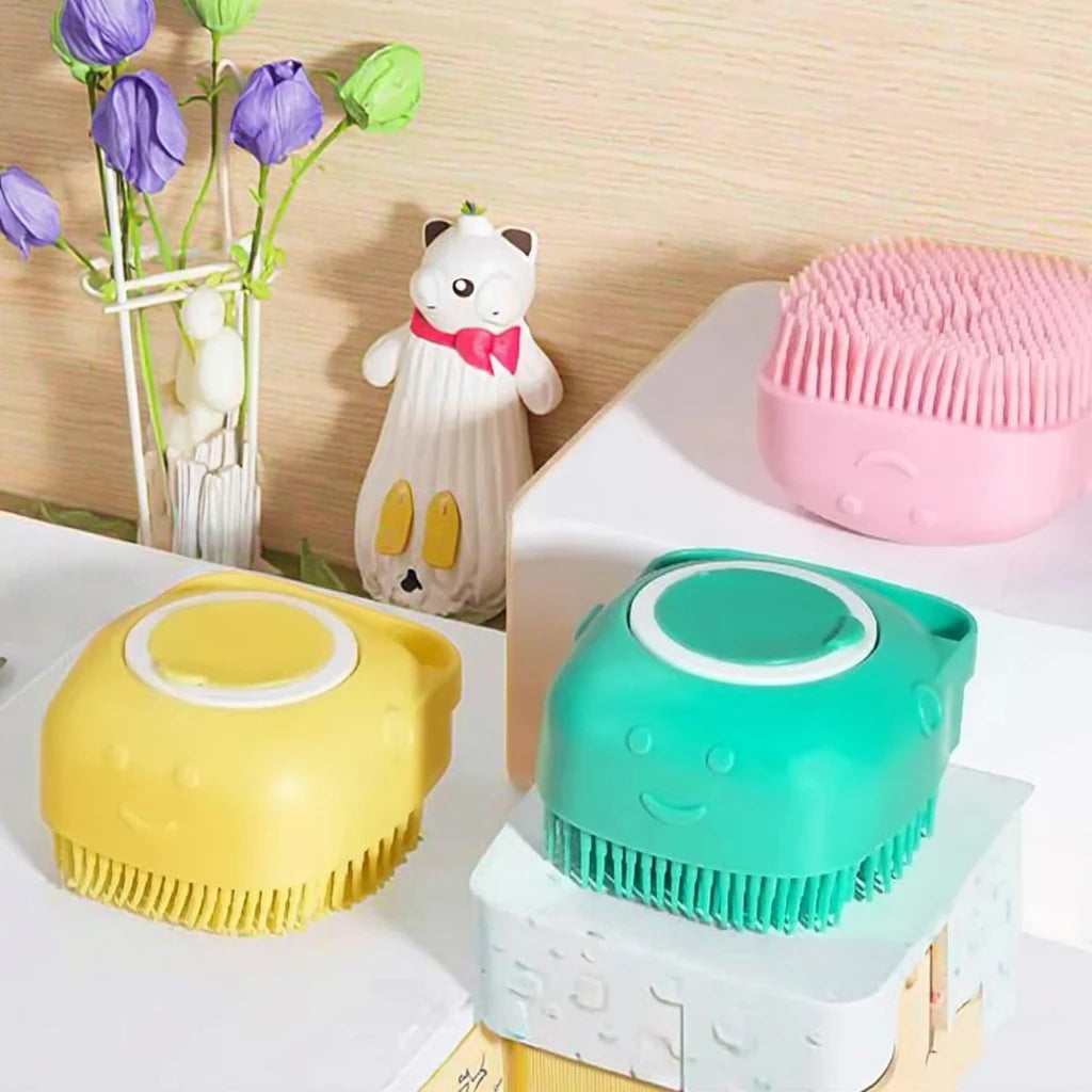 Silicone Pet Shower Brush with Soap Dispenser Plastic Bath Massage Cat & Dog Brush for Bathroom Use