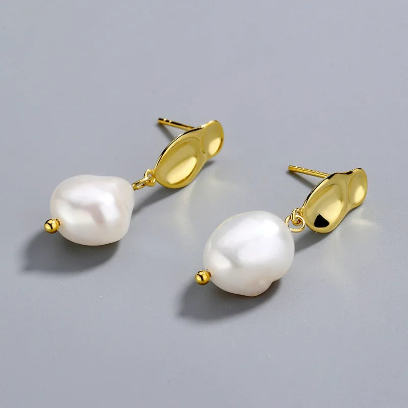 925 Sterling Silver Earrings Personality Baroque Irregular Shaped Beads Freshwater Pearl Earrings