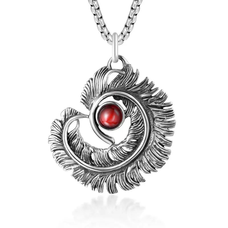 Men's Retro Feather Pendant with Garnet Red Gemstone Cool Stainless Steel Necklace Punk Style Fine Pendants & Charms for Women