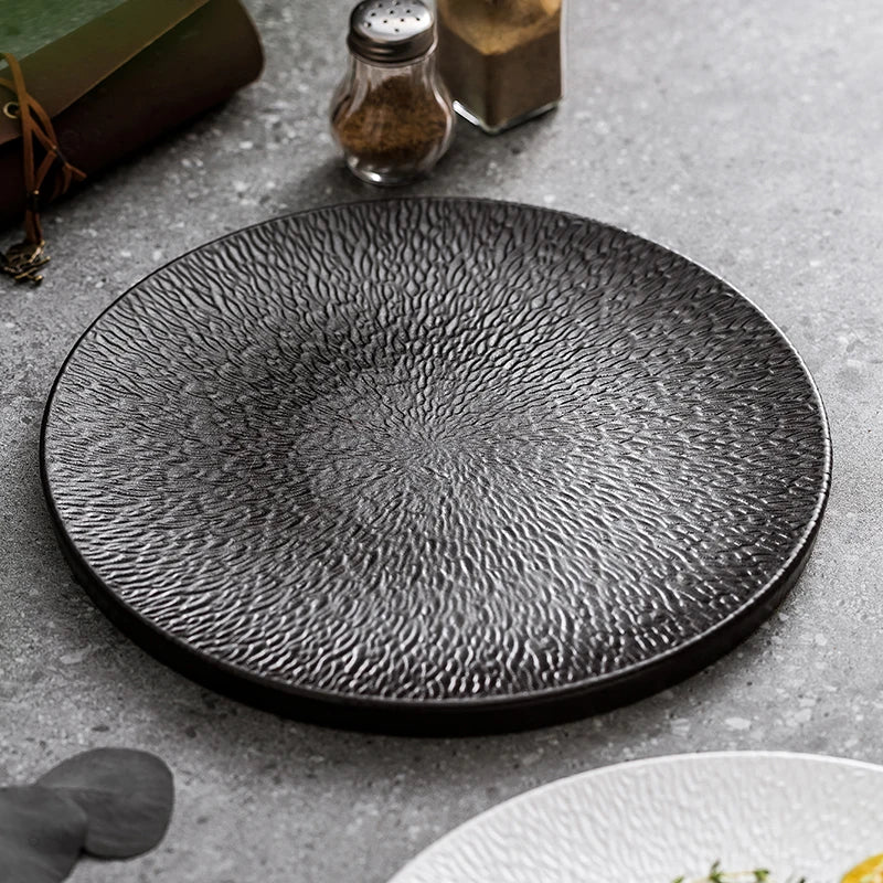 Logo Stone Pattern Emboss Matt Black Ceramic Plate Eco-Friendly Porcelain Serving Dishes for Restaurant Dinner Tableware