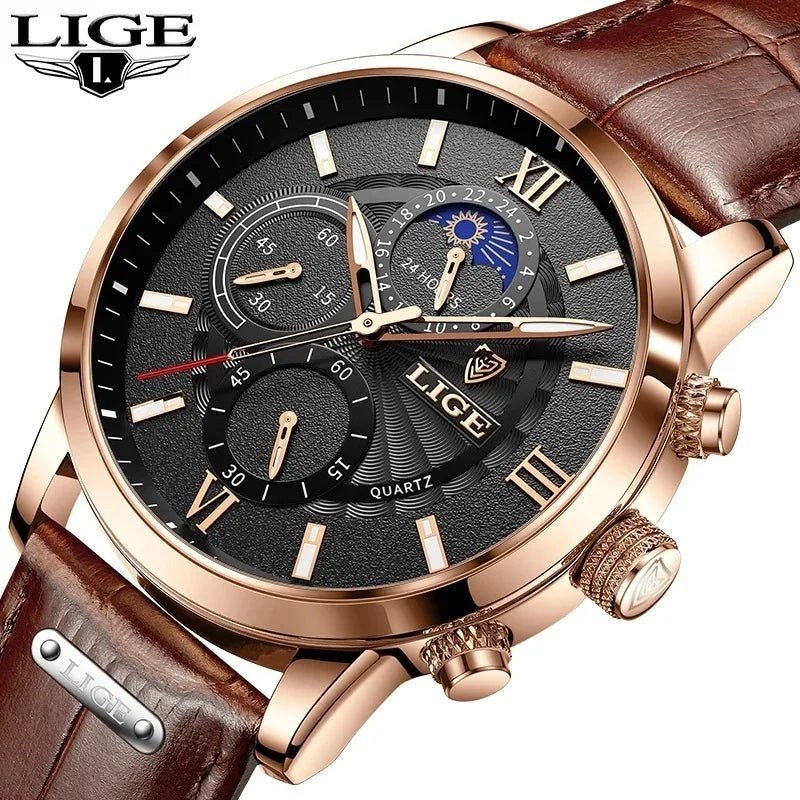 Top LIGE Reloj 8932 Man Watches Men's Luxury Leather Moon Phase Luminous Business Watch Sport Waterproof Quartz Men Wristwatches