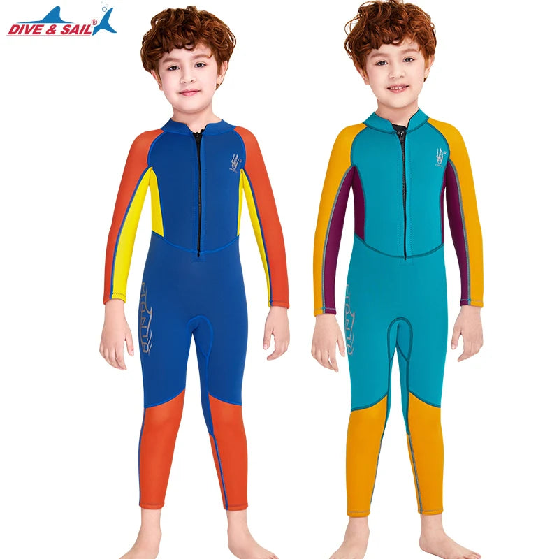 DIVE&SAIL Kids Spring 2.5mm Full Diving Suit Chest Zip Neoprene Wetsuit Swimsuit  One-piece Wetsuits for Children