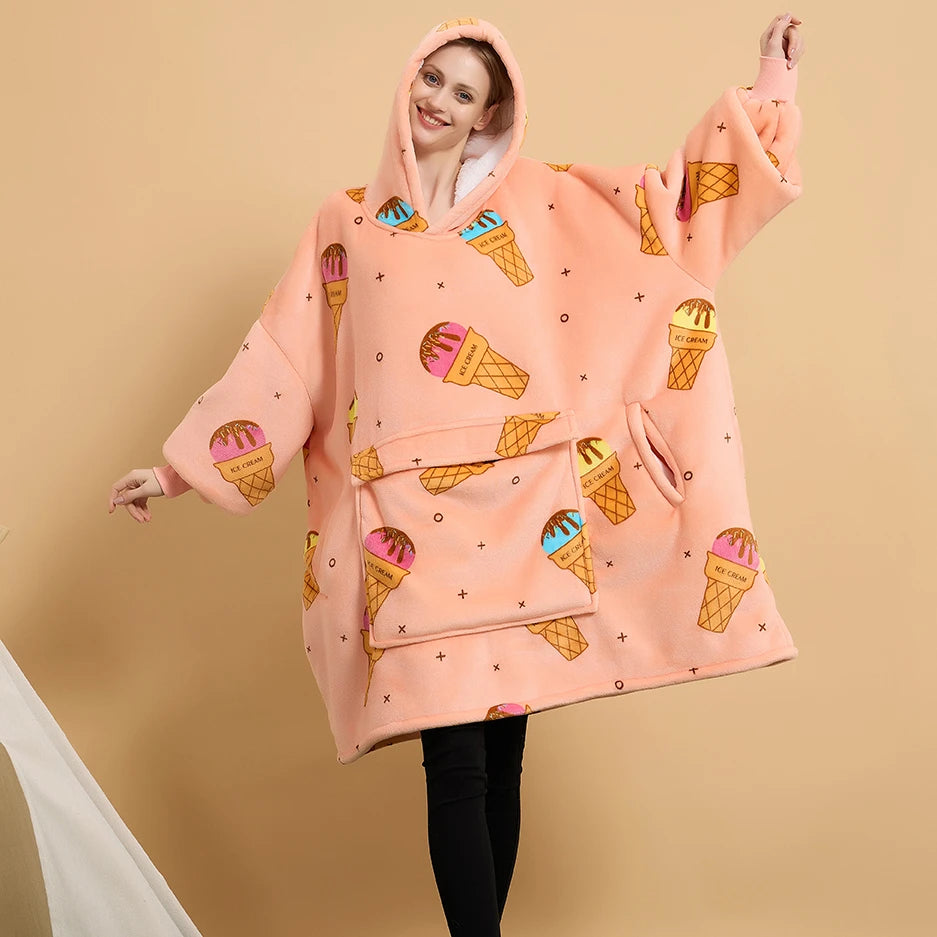Custom Printed Tv Sherpa Hoodie Blanket 100% Polyester Outdoor Winter Warm Oversize Sweater Blanket Adult Hooded Blanket Factory