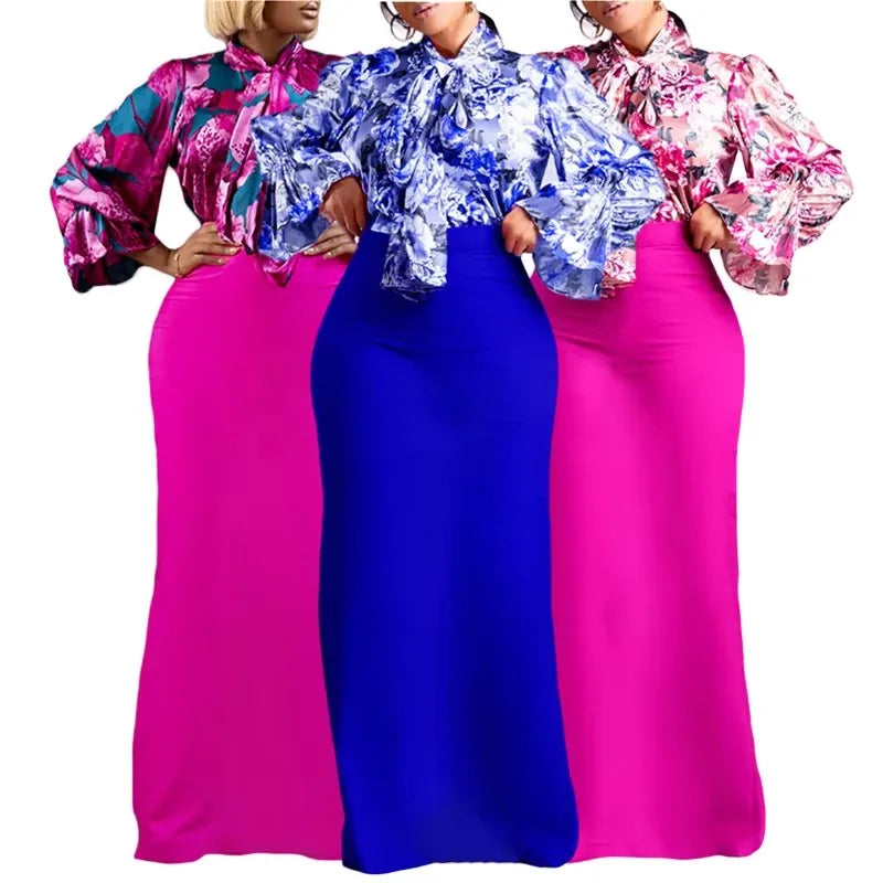S-XXXL New Fashion Printing Binding Long-sleeved Shirt Skirt Two-piece Set Women s Sets