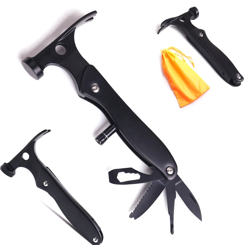 Color Box GE190 Multi Function Hammer Tool Camping Accessories Ruler Knife Saw Blade Industrial Stainless Steel Nylon Bag Pliers