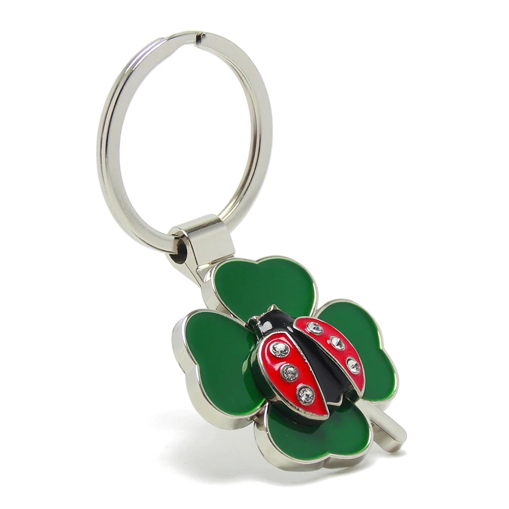 Fashion Casino Gifts Lucky Clover Key Chain Bag Charm Crystal Metal Ladybird Keyring Holder Jewelry 4 Leaf Clover Keychain