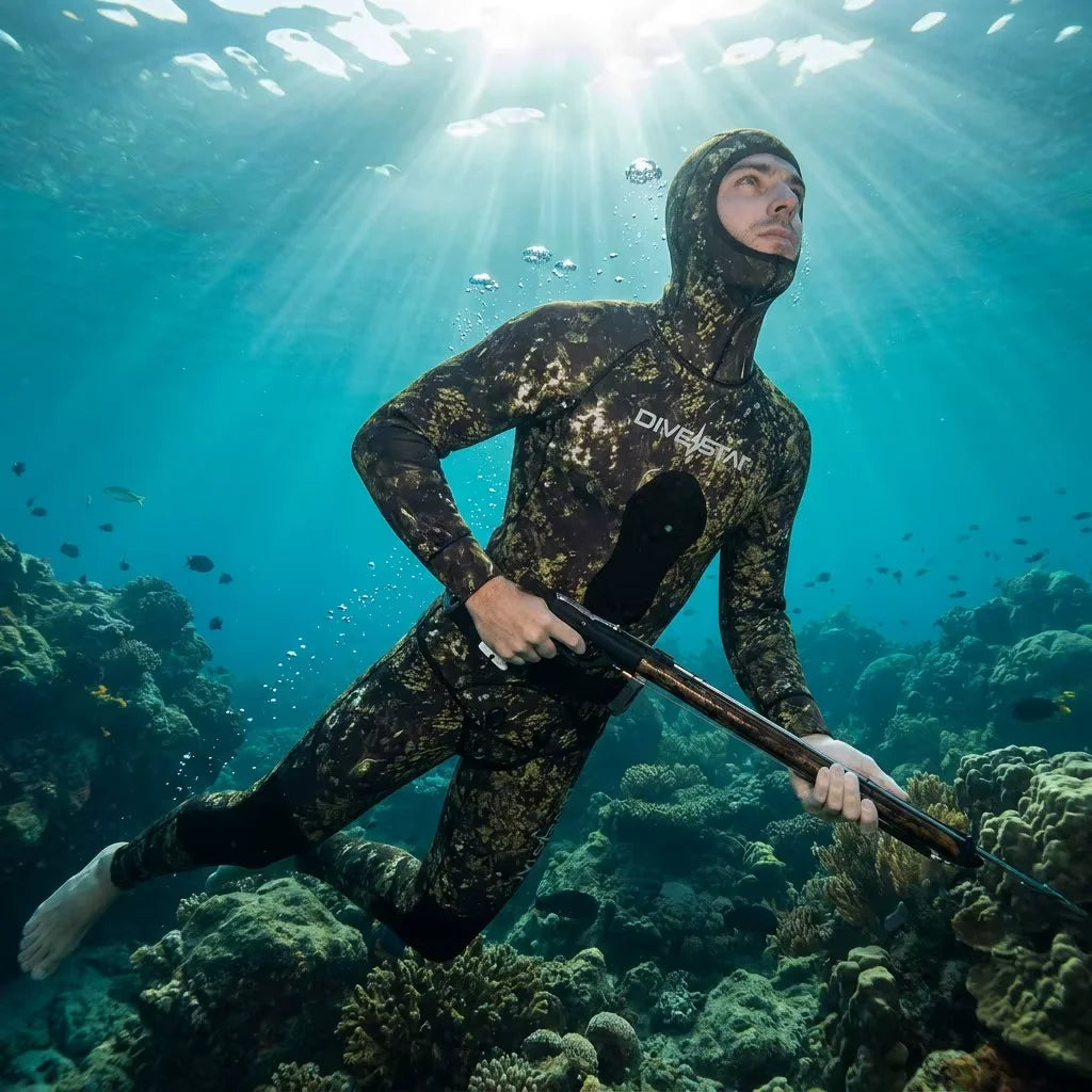 DIVESTAR 1.5mm Neoprene Spearfishing Wetsuit Two Piece Open Cell Hood High Waist Pants UV Resistant Diving Suit