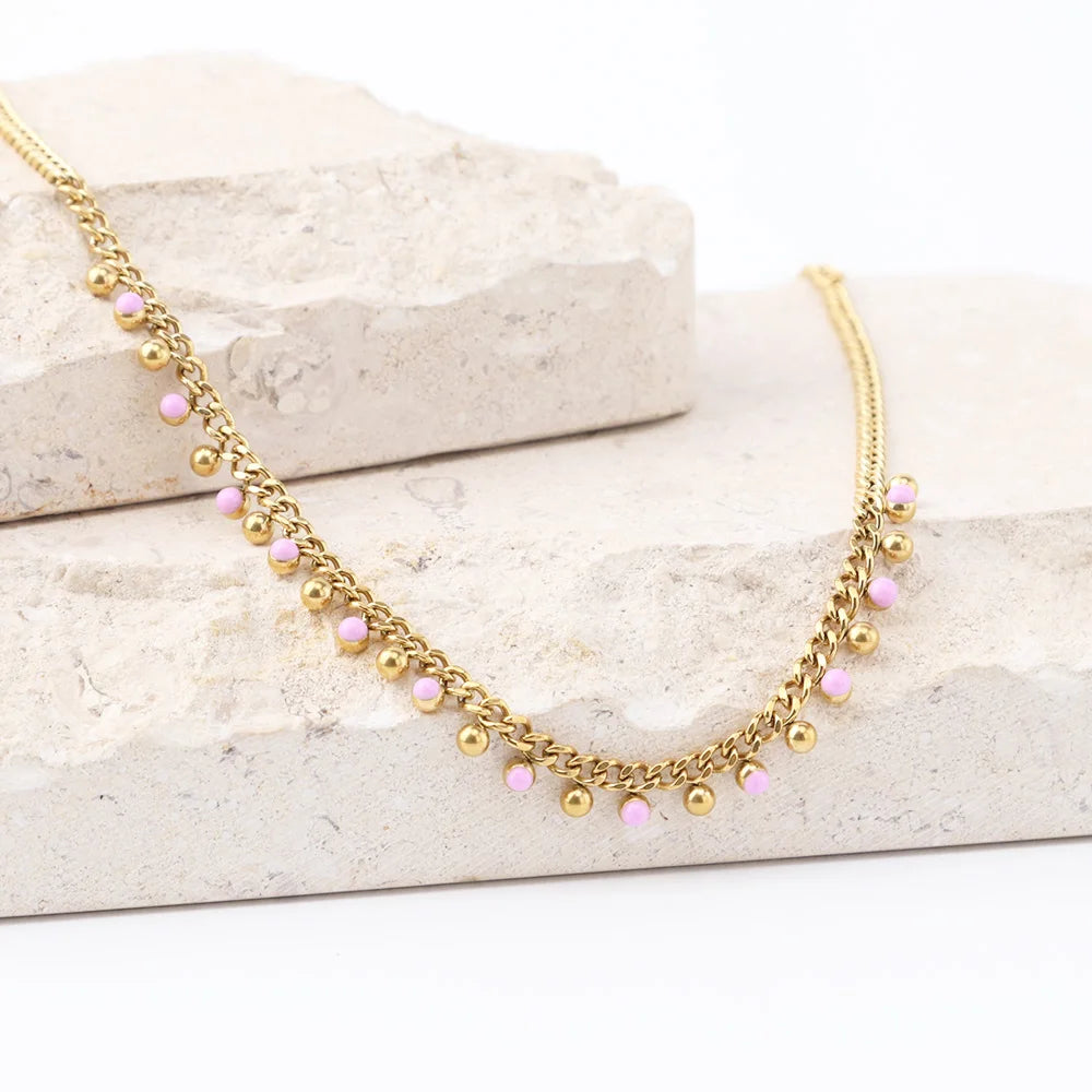 Chris April Fashion Jewelry in Stock 316L Stainless Steel PVD Gold Plated Colorful Enamel Beads Charms Chain Necklaces