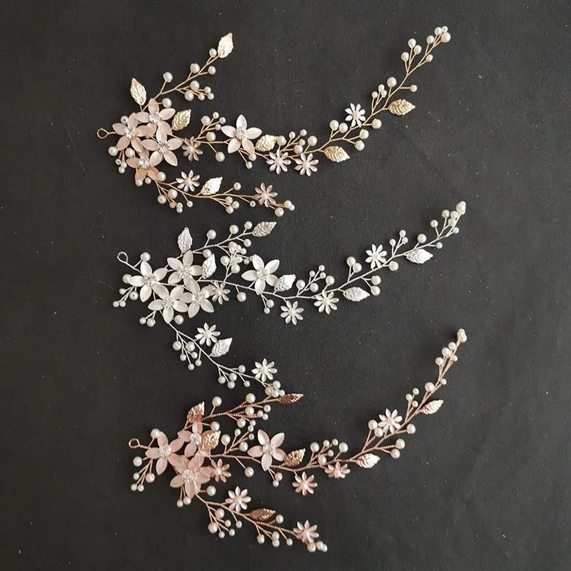 SLBRIDAL Handmade 3 Colors Alloy Flower Leaf Pearls Bridal Headband Hair Vine Wedding Hair Accessories Women Girls Hair Jewelry