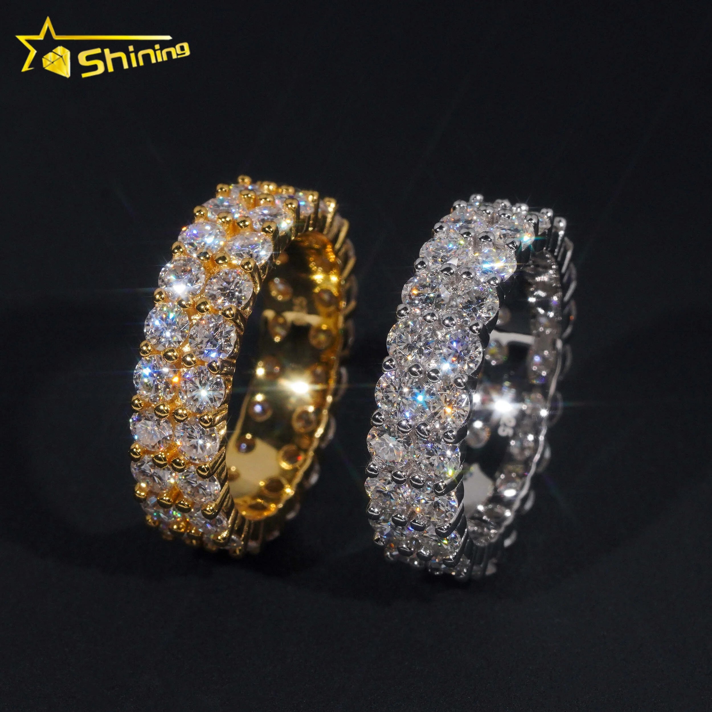 Fine Jewelry GRA Solid 925 Sterling Silver Gold Plated Iced Out Diamond Moissanite Fully Iced Double Rows Wedding Band Ring