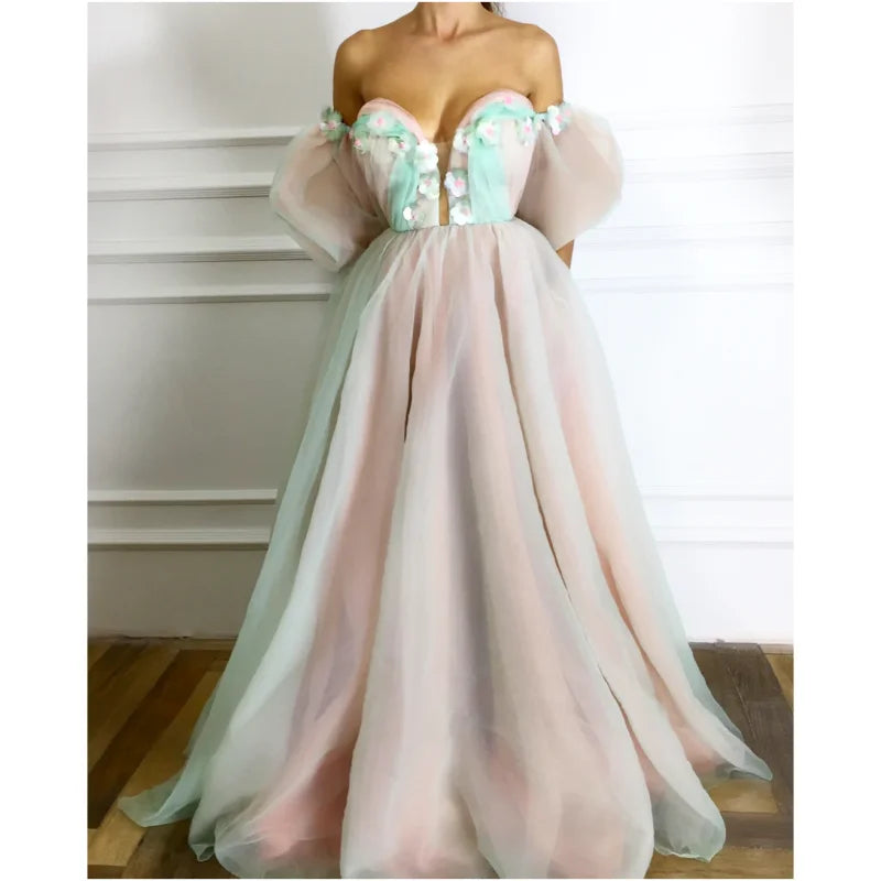 Baby Pink Color Soft Tulle 3D Flowers Strapless A-line Wedding Gown Birthday Party Dress for Plus Size Women Prom Evening Dress