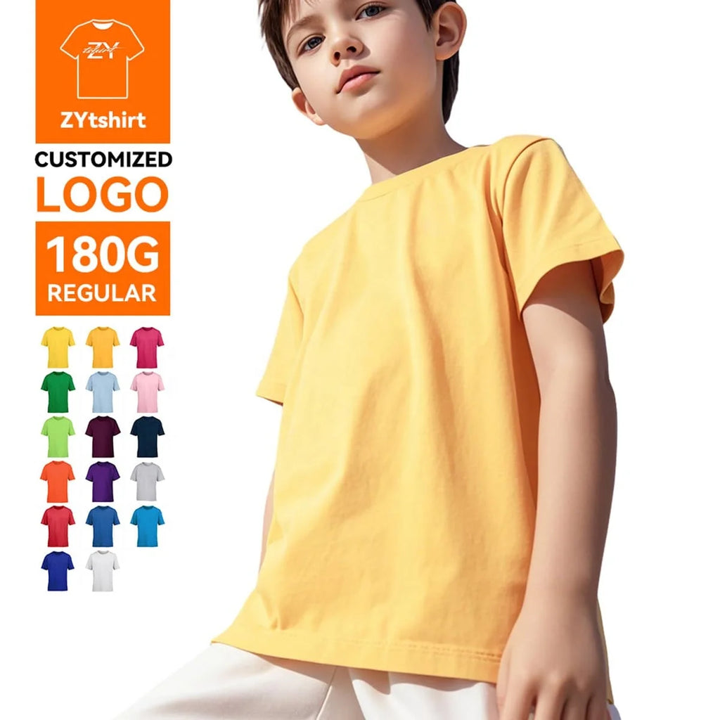 ZYtshirt Wholesale Custom Logo 180gsm Soft and Skin-Friendly Short Sleeve Crew Neck T-Shirts for Children