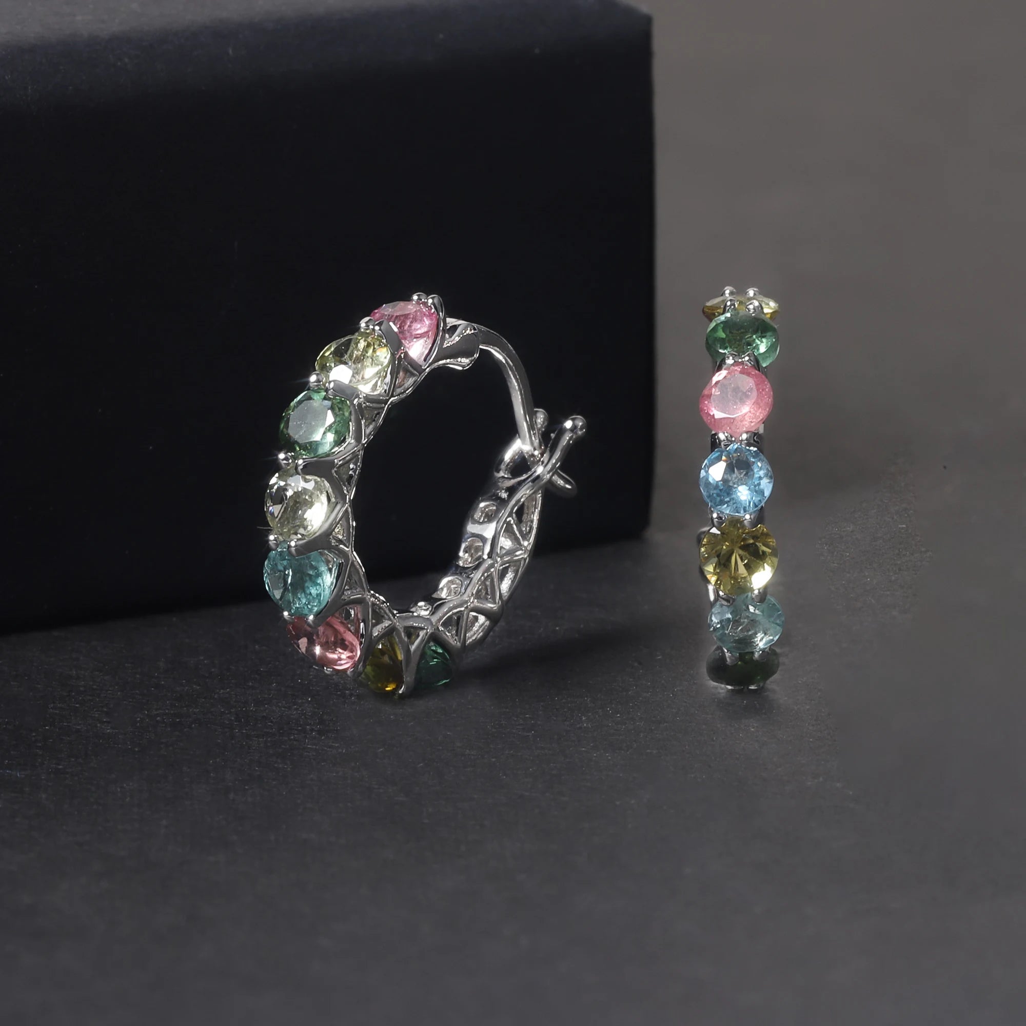 RZ0014 Abiding Fine Jewelry Ladies Inside Outside Hoops Natural Tourmaline 925 Sterling Silver Designer Hoop Earings for Women