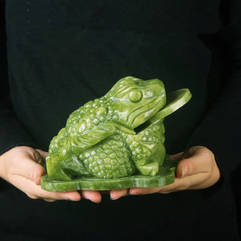 HZ Feng Shui Natural Jade Money Toad Frog Sculpture Charm of Prosperity Decoration for Rich Wealth