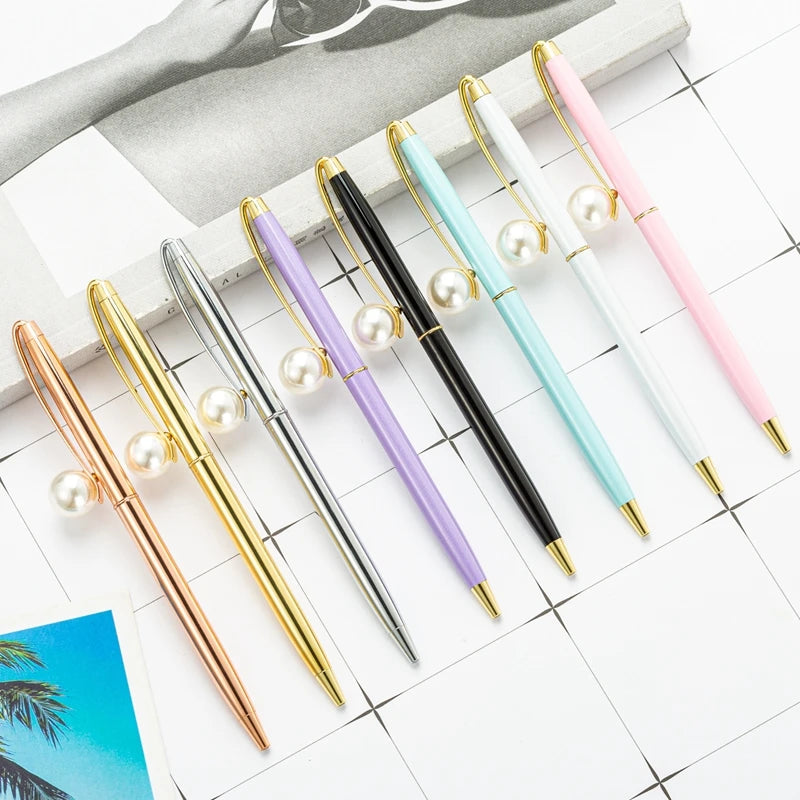 Customized Logo 1.0mm Black Ink Ballpoint Pen Metal Gift Pen with Big Pearl Decoration and Rotating Style Premium Writing Tool