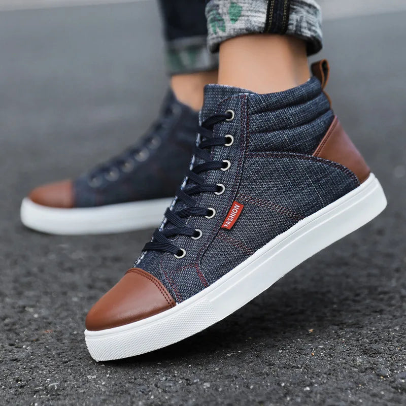 Men Retro Canvas Sneakers High Cut Summer Flat Lace Vulcanized Non Slip Waterproof Casual Men Shoes