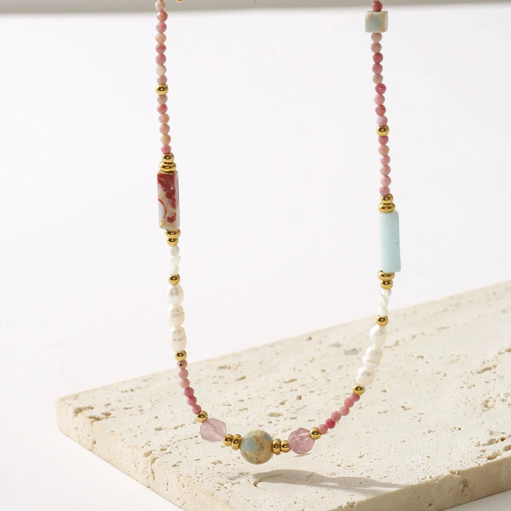 Summer Fashion Trendy Natural Stone Beads Stainless Steel 18K PVD Gold Plated Unisex Anniversary Beaded Necklace Gift
