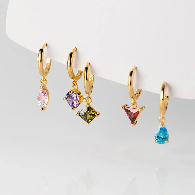 Fashion Minimalist Jewelry 925 Sterling Silver Sparkling Geometric Diamond Colorful Zircon Gold Plated Hoop Earrings Women