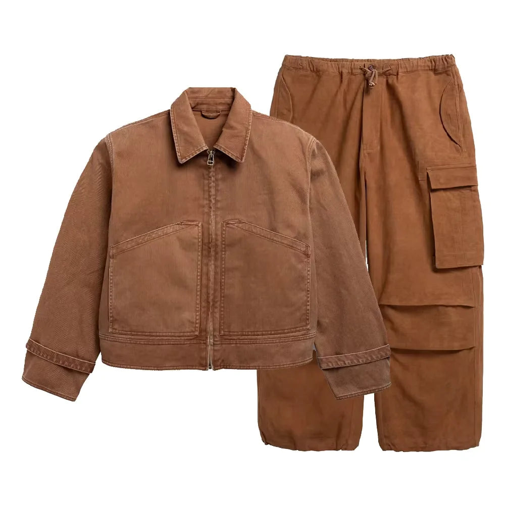 Custom Logo Winter Men's High Street Style 100% Bamboo Fiber Work Cargo Jacket Track Pants Set Embossed Breathable Woven