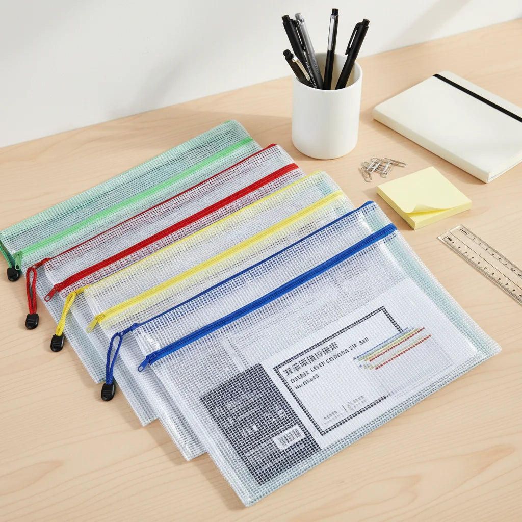 PVC Waterproof Transparent Zipper File Bag Double Layer Mesh Zipper Document Bag Custom Logo A4/Custom Size Office School Use