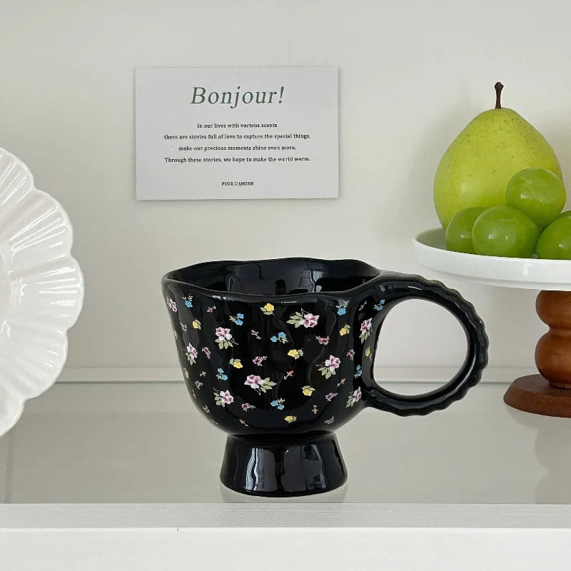 Korean Creative Hand-painted Flower Bow Ceramic Mug and Saucer INS Cute Light Luxury High-end Coffee Cup