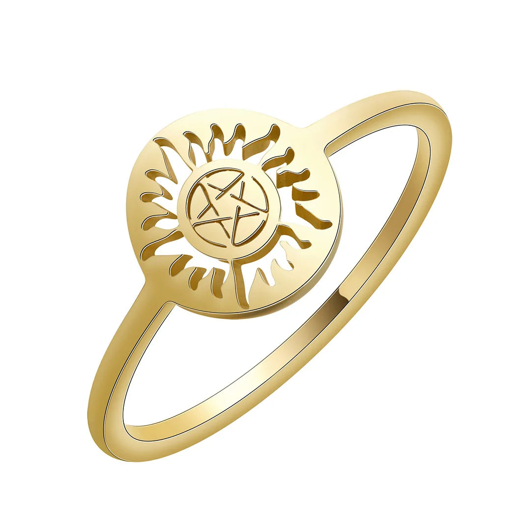 Skyrim Shining Sun Pentagram Rings Men Women Supernatural Dean Stainless Steel Ring Couple Jewelry Anniversary Birthday Gift