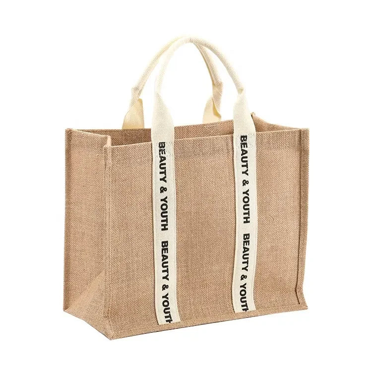 Wholesale Reusable Recycled Jute Tote Bag Eco-Friendly Customizable Natural Hemp Burlap Letter Pattern Custom Logos Shopping
