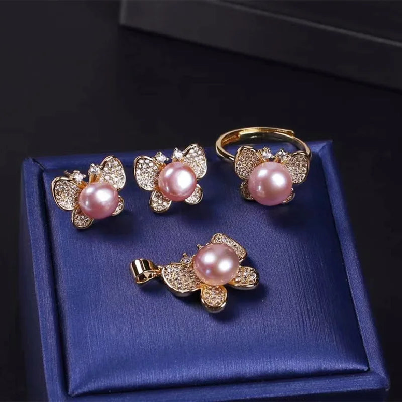 Certified Micro Inlaid Zircon Three-Piece Set Brand New Temperament Female Freshwater Pearl Set Necklace Earring Ring Hot Sale