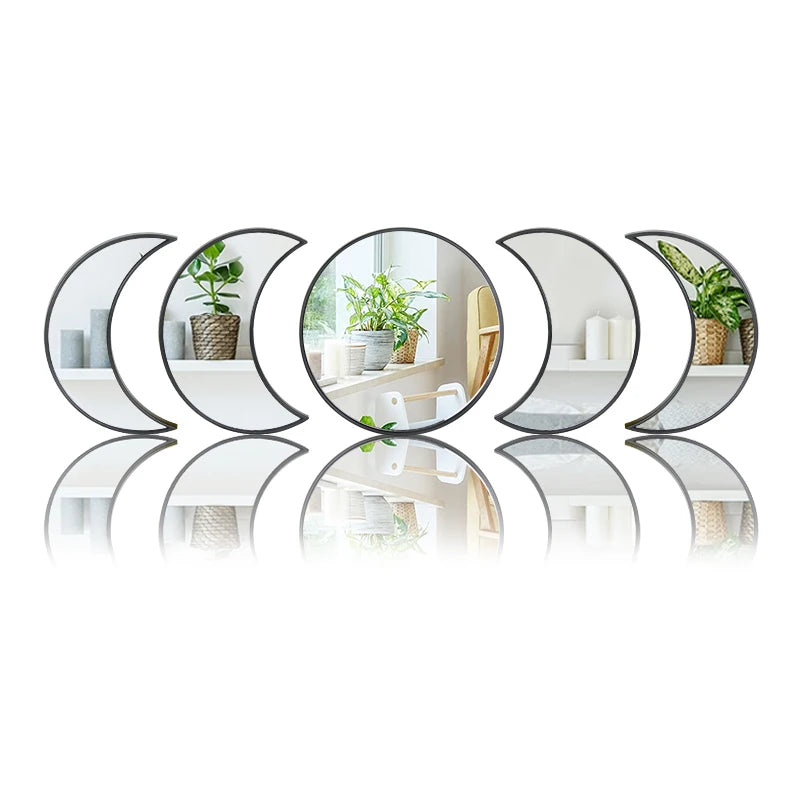 Scandinavian Bohemian Home Wall Decor Set 5pcs Black Moon Sun Phase Decorative Mirror Contemporary for Bedroom Living Room