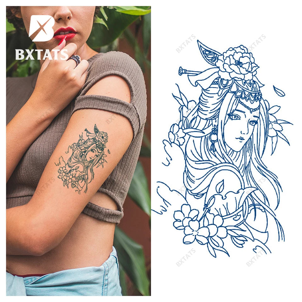 BXTAT Semi-Permanent Blue Geisha Girl Dragon Horned Beast Monster Kong Mandala Tattoos Temporary Japanese Inspired Blueprints