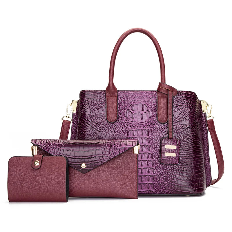 Custom New Purses and Handbags 3pcs Medium Handbag Women Luxury Designer Bags Crocodile Purple Handbags Set