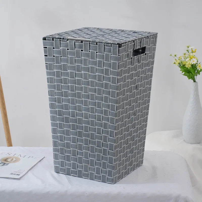 Handmade Nylon Belt Woven Laundry Basket with Lid and Insert Handle Design Customizable Baskets for Storage and Organization