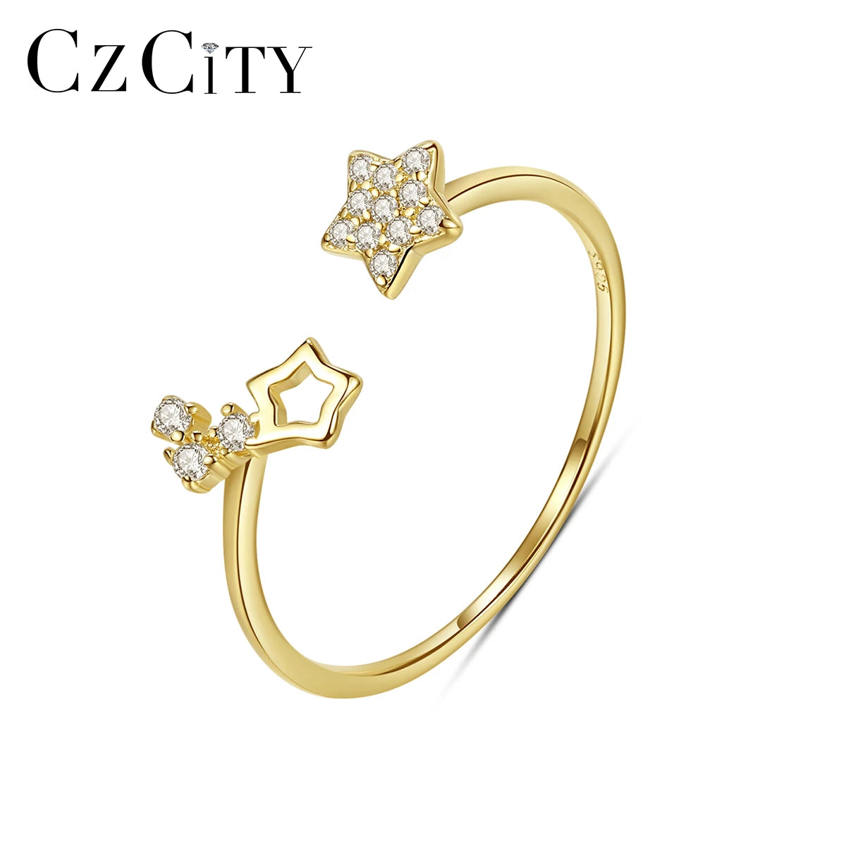 CZCITY Korean Thin and Cute Adjustable Gold Plated Female Opener Rings Silver 925 Girls CZ Star Ring