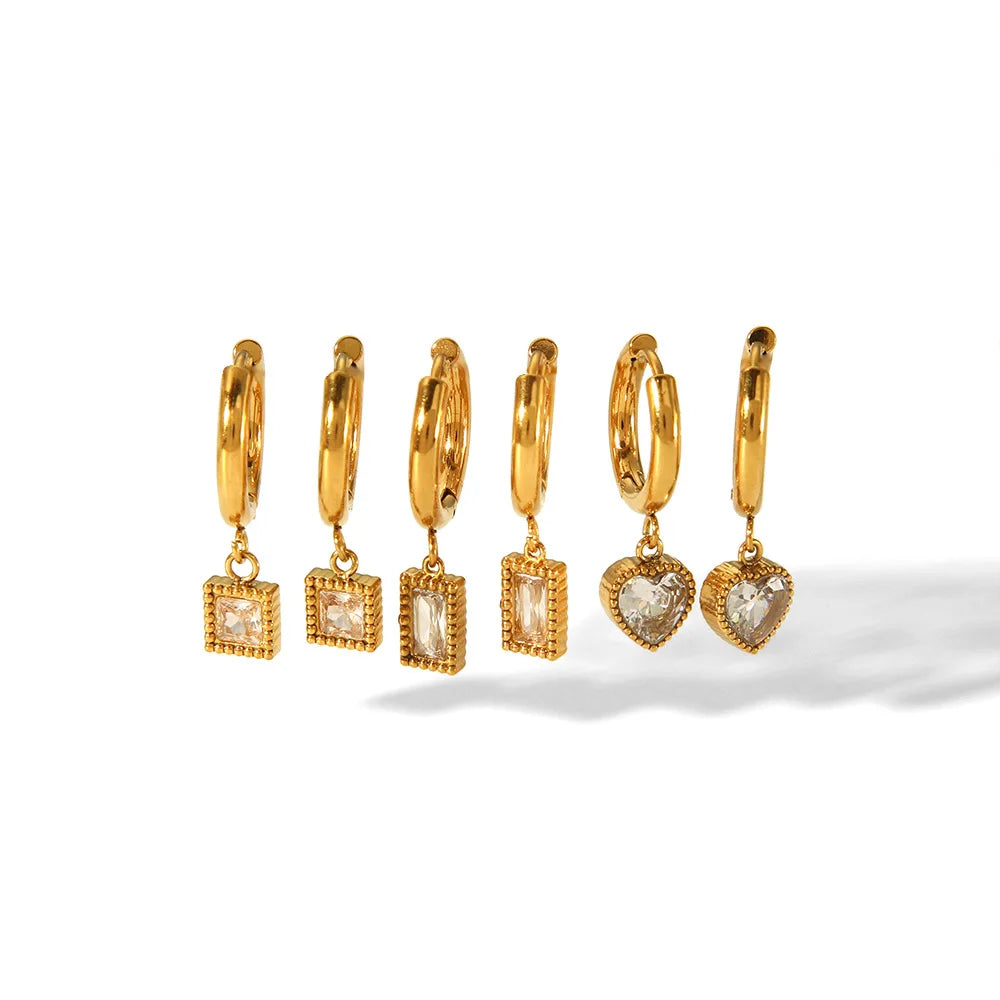 Vintage 18K Gold Plated Huggie Earring Waterdrop Rectangle Clear Zirconia High-End Stainless Steel for Parties