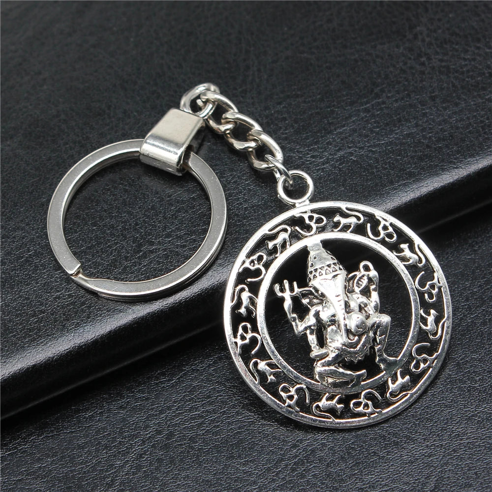 WYSIWYG 38x38mm Antique Silver Plated Zinc Alloy Indian Elephant God Om Key Chain for Souvenirs Gift P2-ABD-C14211