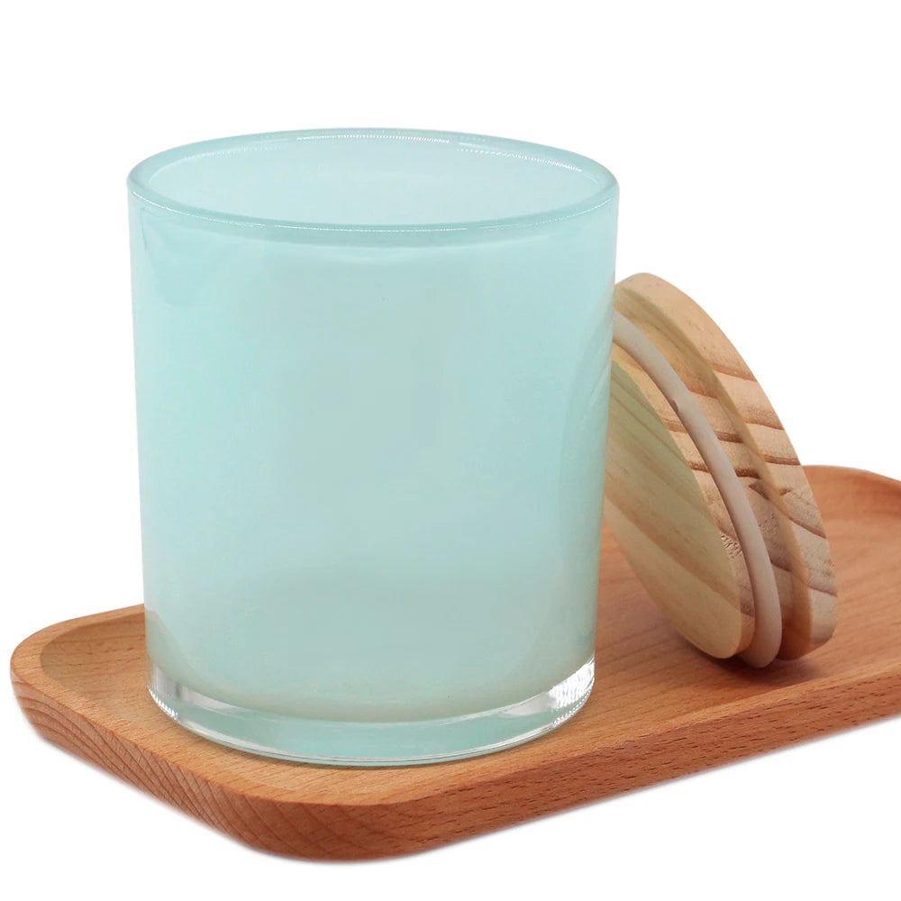 LANGXU Translucent Blue Green Red Inside Colored Strong glassware Crystal Candle Jar Candle Vessel with Wooden Lids for Candle