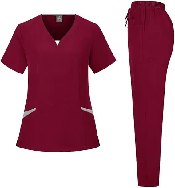 72% Recycled Polyester 23% Viscose 5% Spandex Nursing Work Uniform V-Neck Top and Stretch Scrub Sets Woven Doctor's Uniform