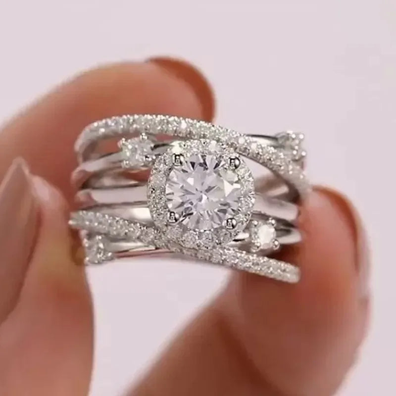 CAOSHI Hot Selling 3A Zirconia Pave Jewelry Multi Lines Exquisite Shiny Round Zircon Dainty Silver Promise Bridal Ring Women
