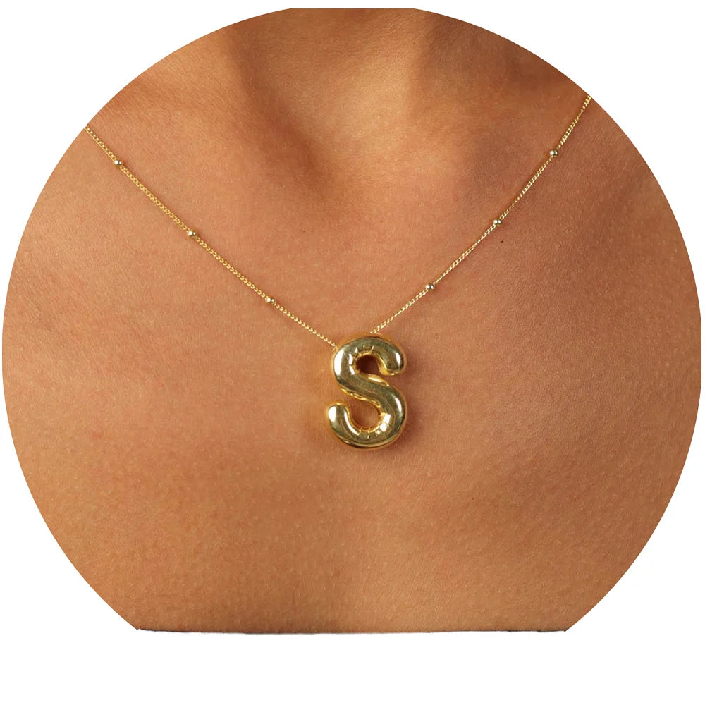 Personalized Fashion Bubble Letter Pendant Necklace Custom 18K Gold Plated Stainless Steel 26 Initial Alphabet Necklace Jewelry