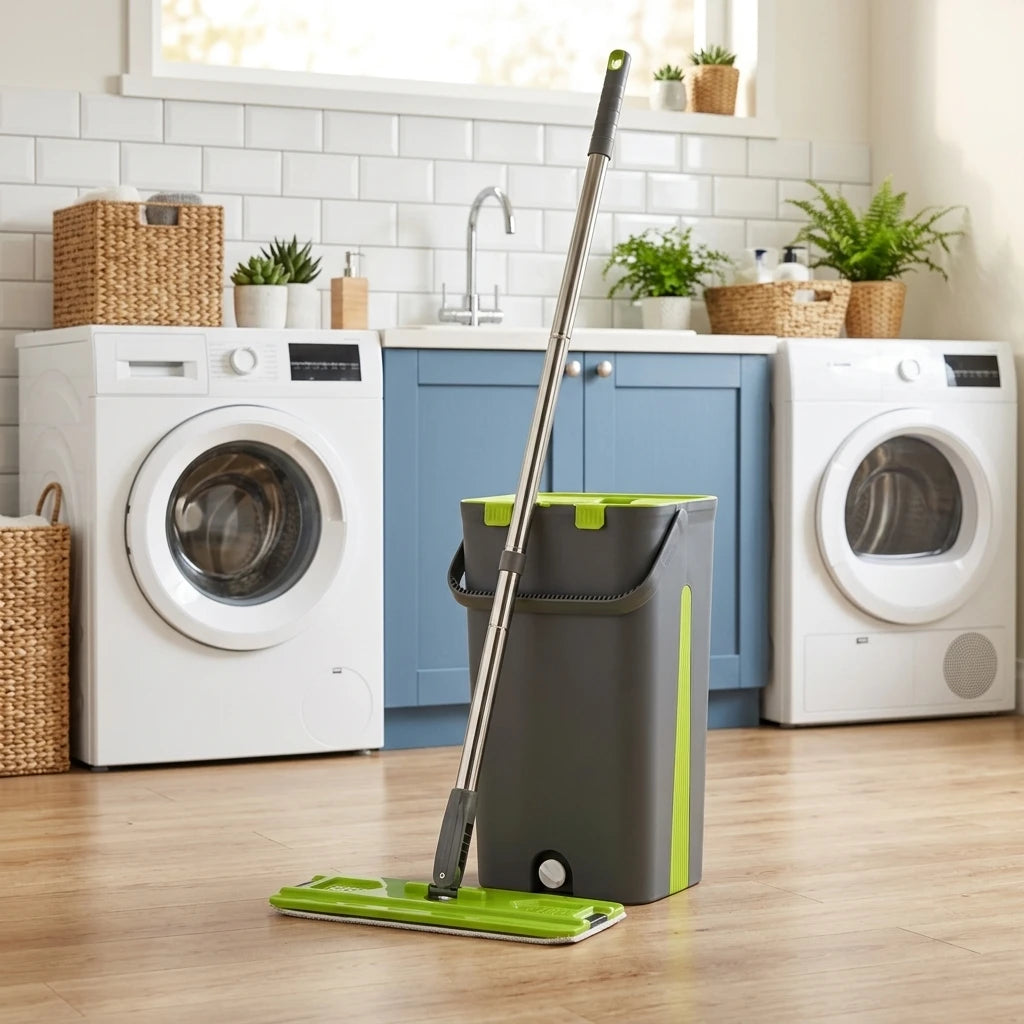Hand Free Flat Squeeze Bucket Mop Set With 2 Washable Microfiber Mop Heads Floor Easy Clean Microfiber 360